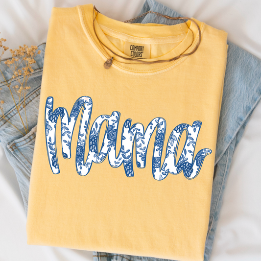 Mama Navy White Floral  Comfort Color Graphic Tee