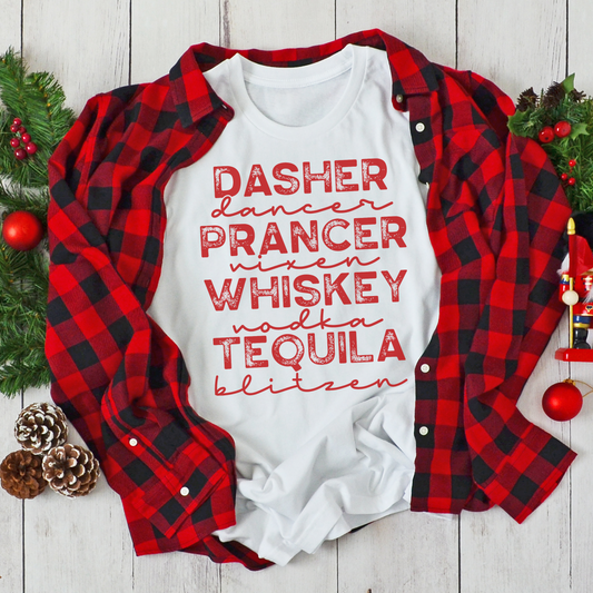 Dasher Dancer Prancer Vixen Whiskey Vodka Tequila Blitzen Screen Print Transfer