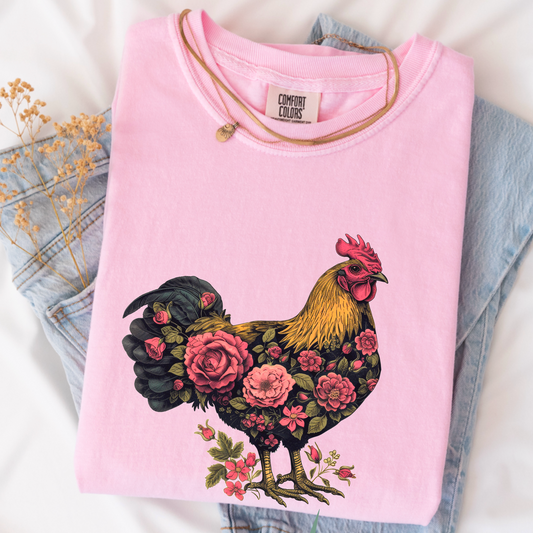 Floral Chicken Comfort Color Graphic Tee