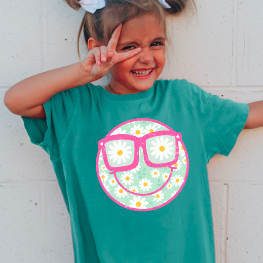 Youth Preppy Daisy Face  Comfort Color Graphic Tee