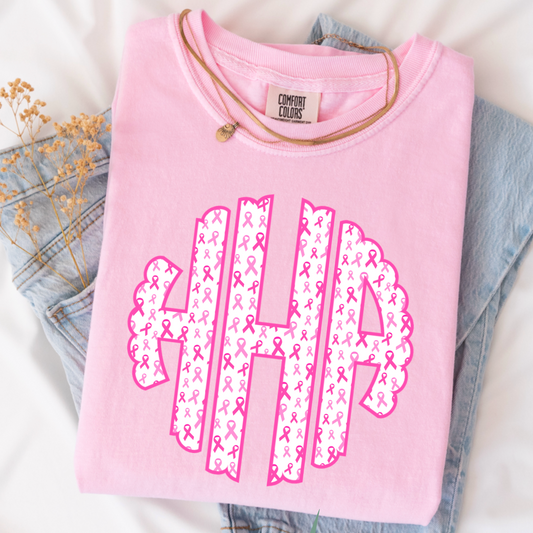 Breast Cancer Ribbon Comfort Color Monogram Graphic Tee