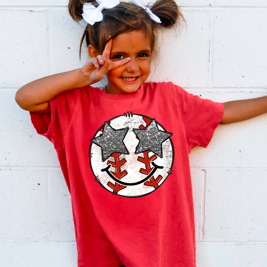 Youth Baseball Face With Preppy Stars  Comfort Color Graphic Tee