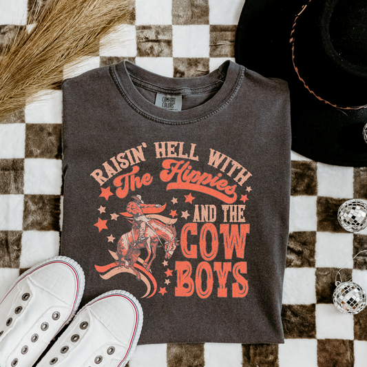 Raising Hell With The Cowboys And Hippies Comfort Color Graphic Tee