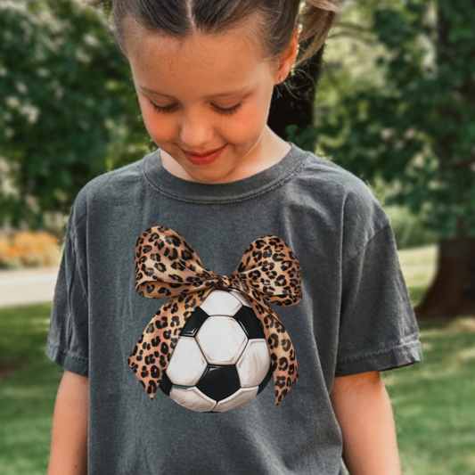 Youth Soccer Coquette  Cheetah Bow Comfort Color Graphic Tee