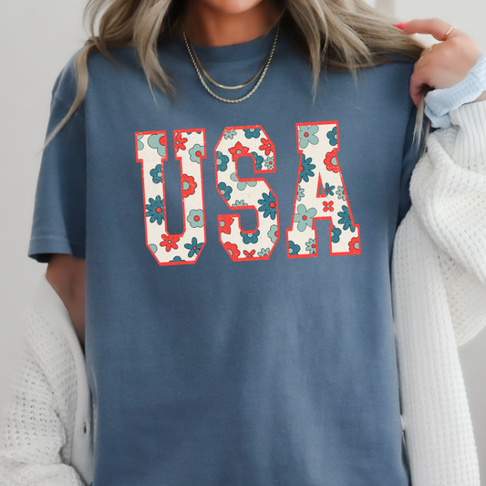 USA Floral Comfort Color Graphic Tee