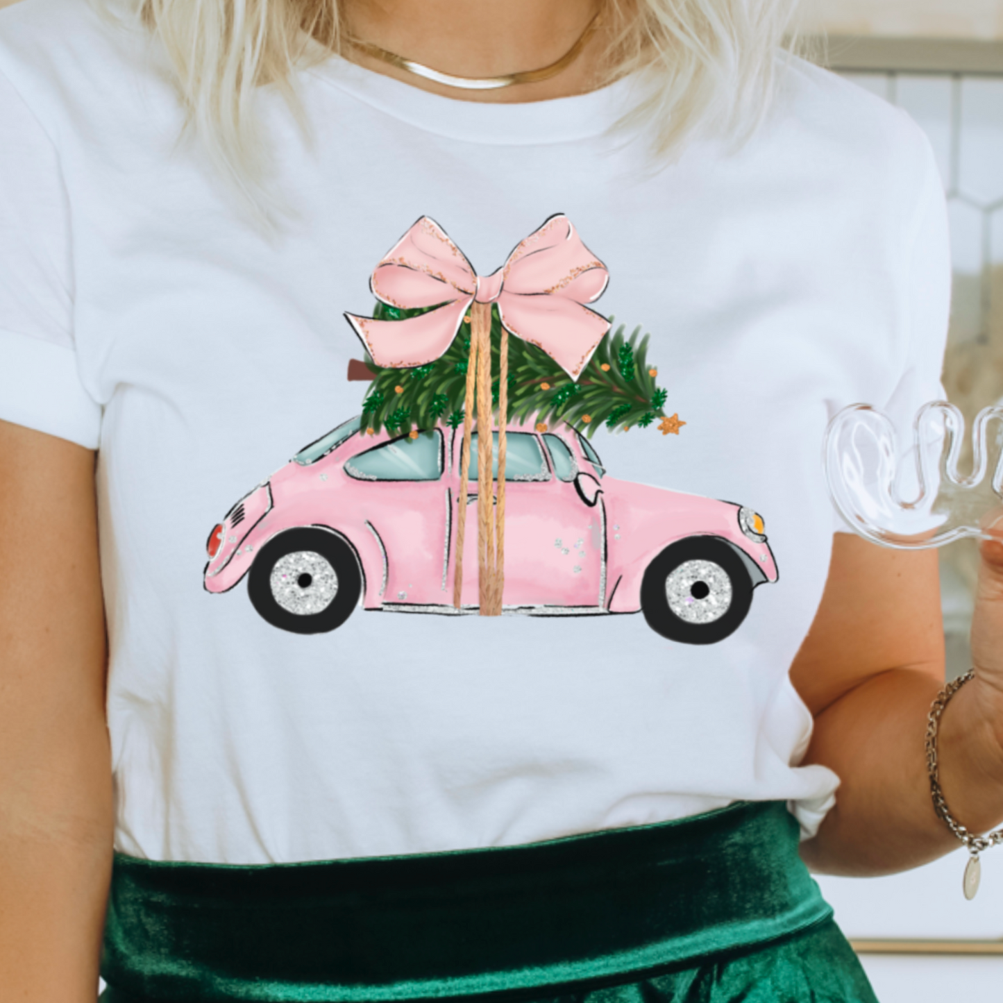 Pink Christmas Car Graphic Tee