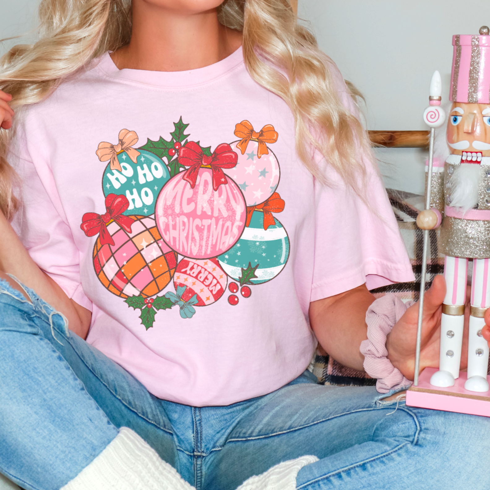 Pink Christmas Ornaments Graphic Tee