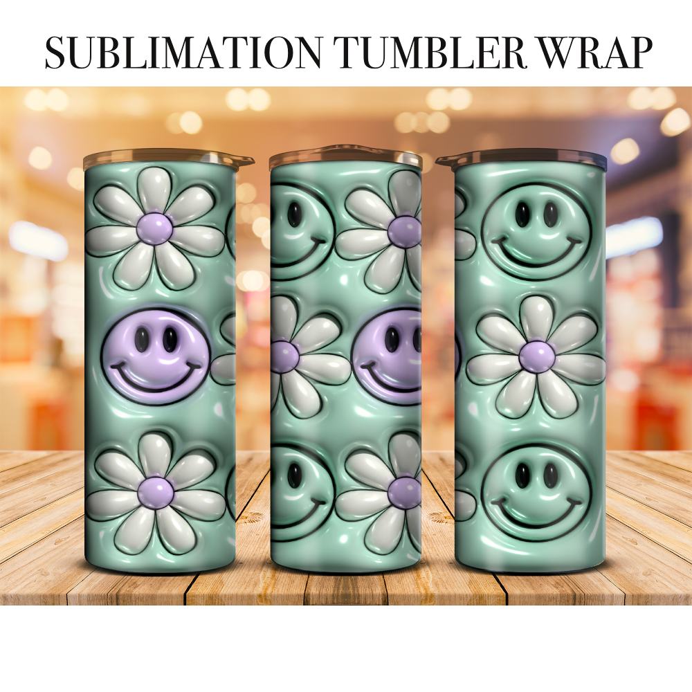 3d Preppy Smiley Flowers Sublimation Tumbler Wrap