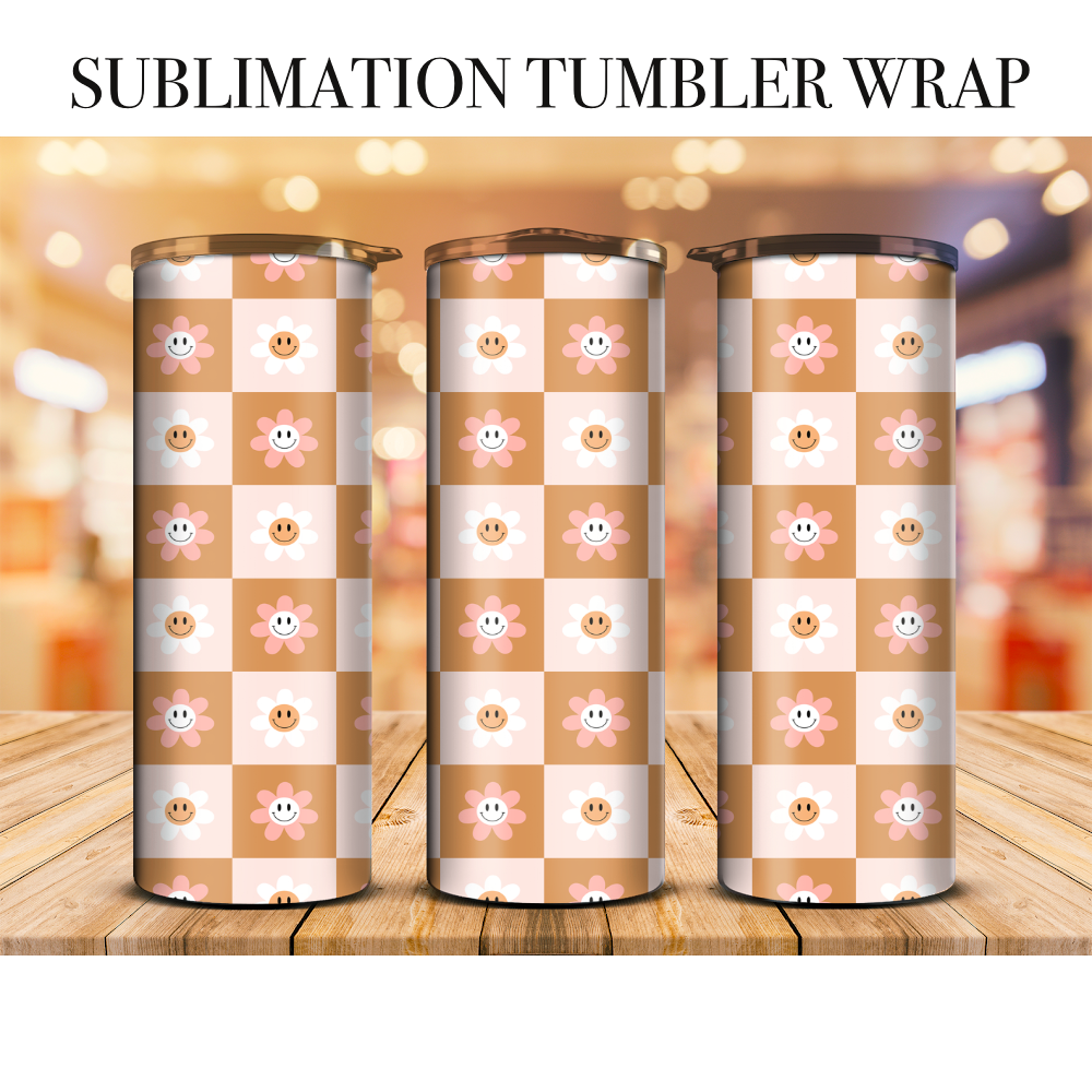 Retro Checkered Smiley Flowers Sublimation Tumbler Wrap