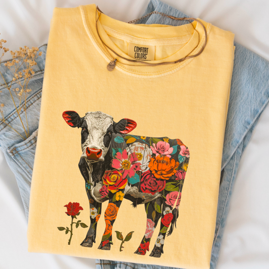 Floral Cow Comfort Color Graphic Tee