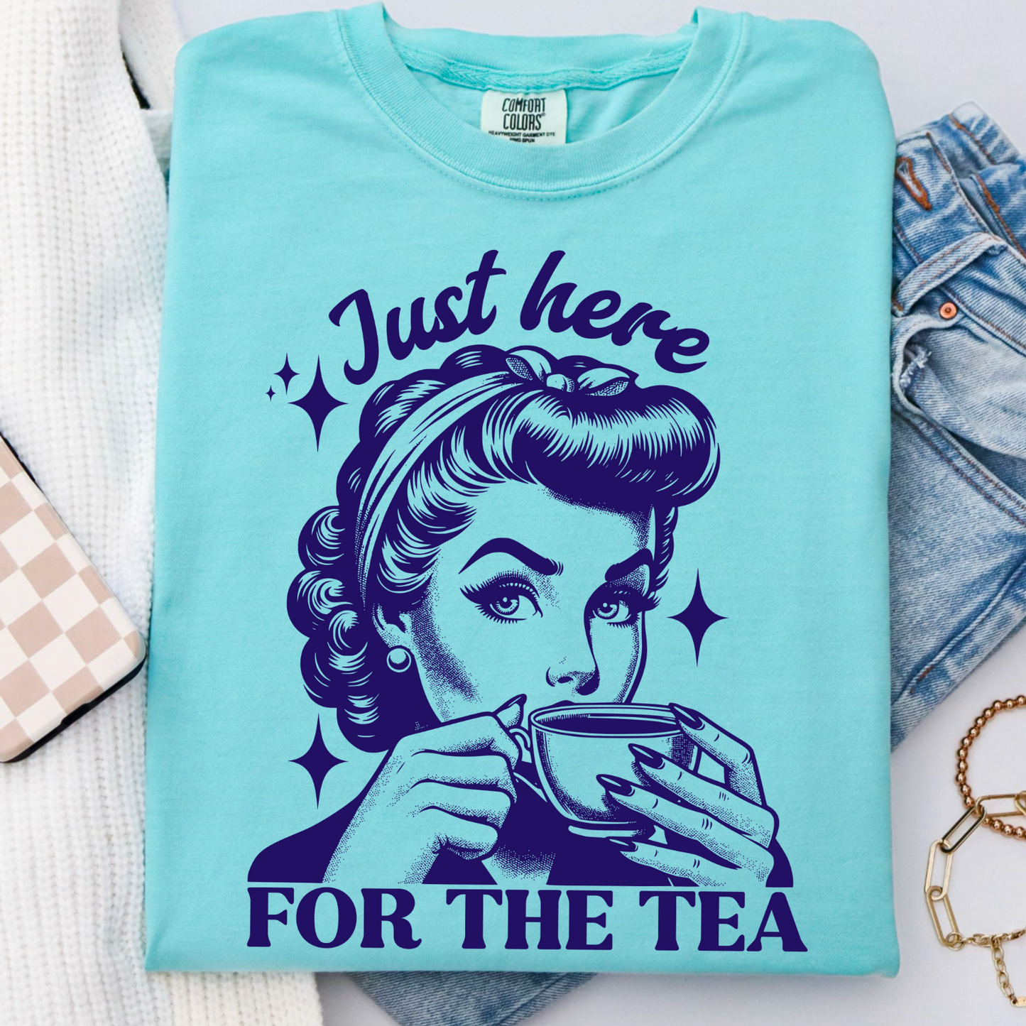 Just Here For The Tea Comfort Color Graphic Tee As Pictured Is Lagoon Blue
