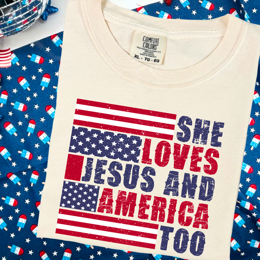 She Loves Jesus And America Too Bracelet Comfort Color Graphic Tee