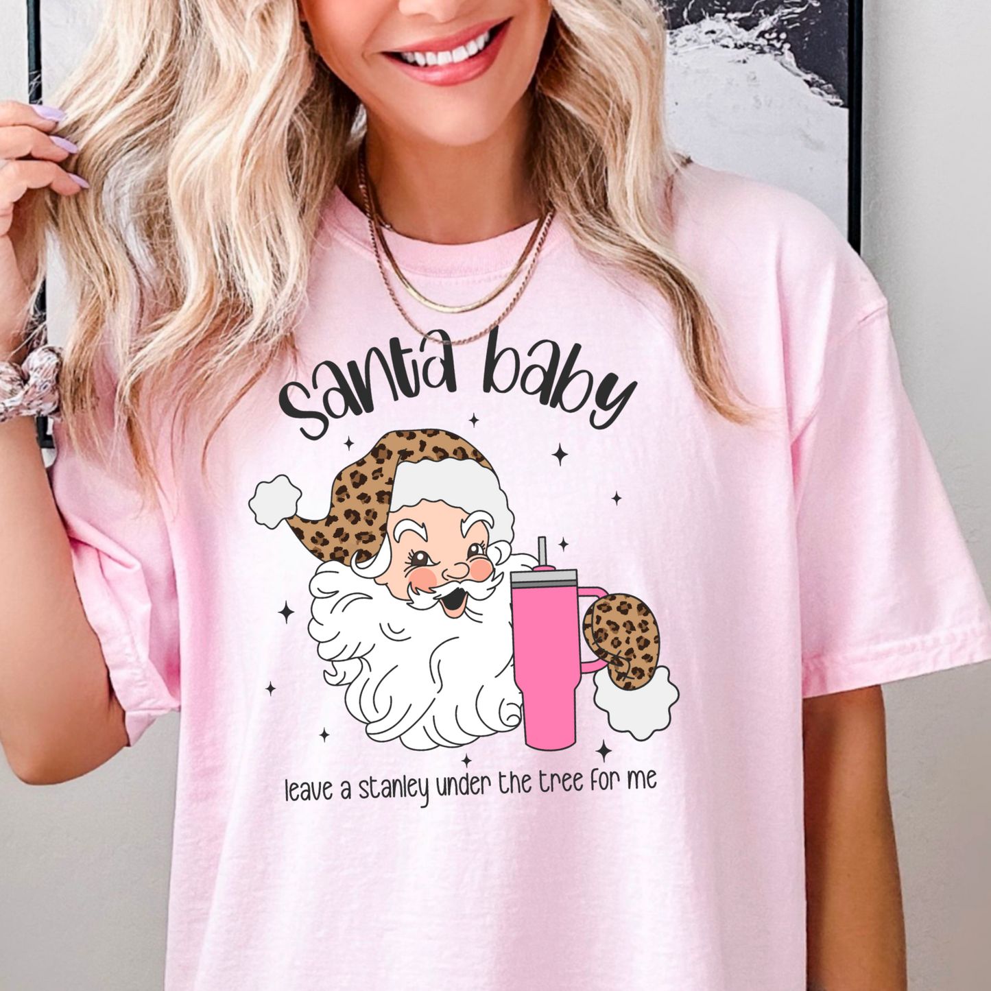 Santa Baby Leave A Stanley Under My Tree Leopard Comfort Color Graphic Tee