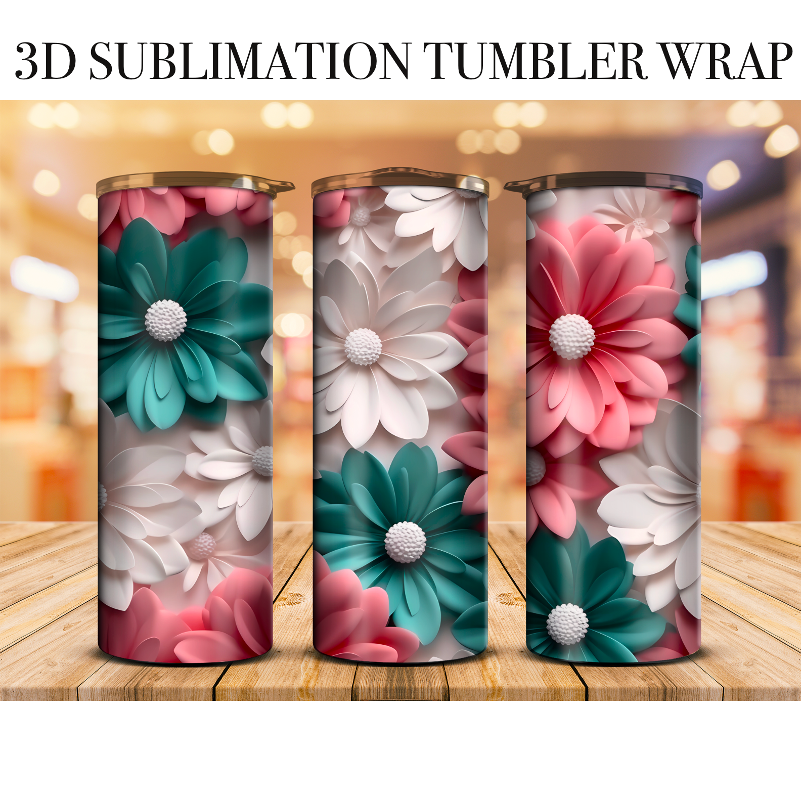 3D Jade Daisy 20 Oz Skinny Tumbler Wrap Sublimation Transfer
