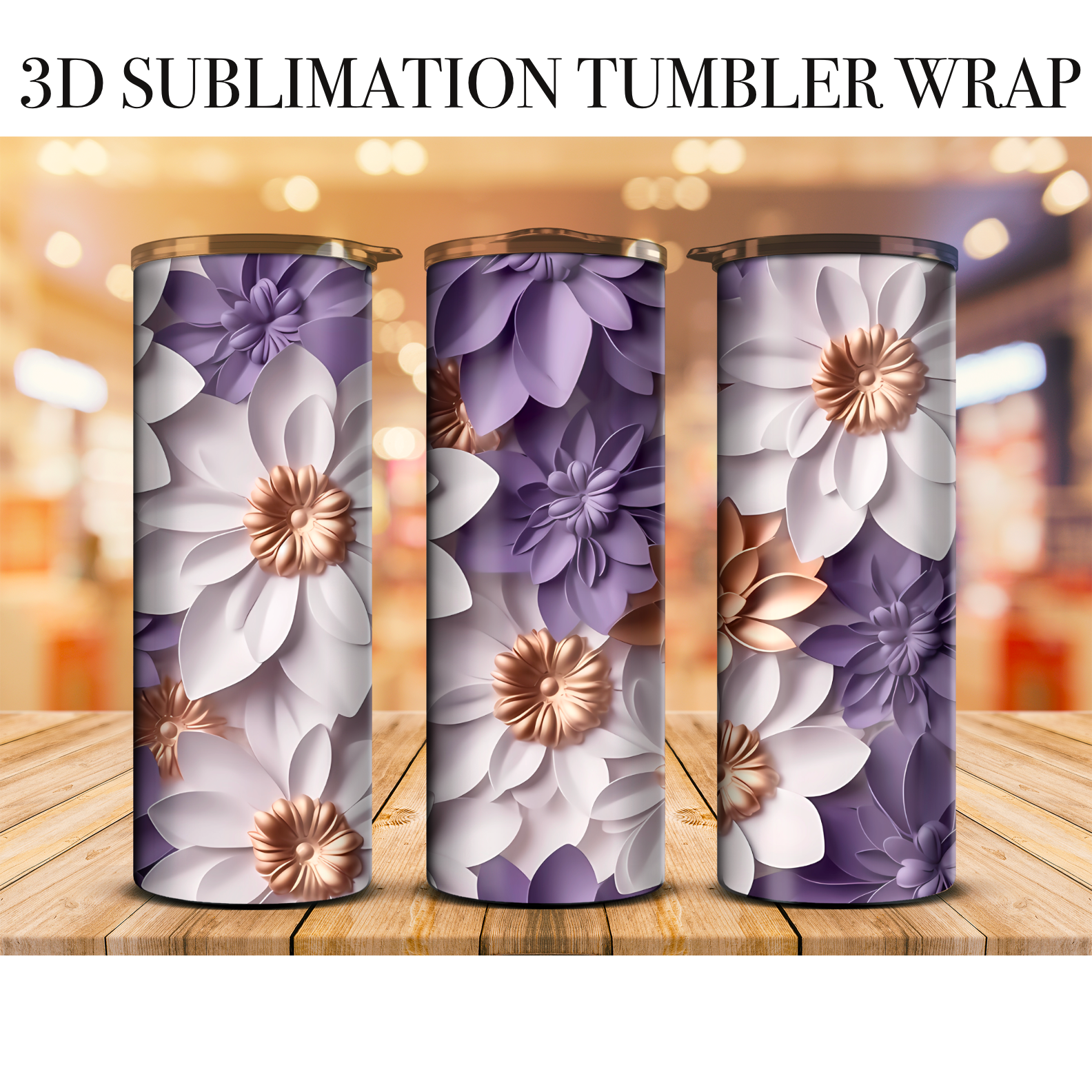 3D Purple & Gold  20 Oz Skinny Tumbler Wrap Sublimation Transfer