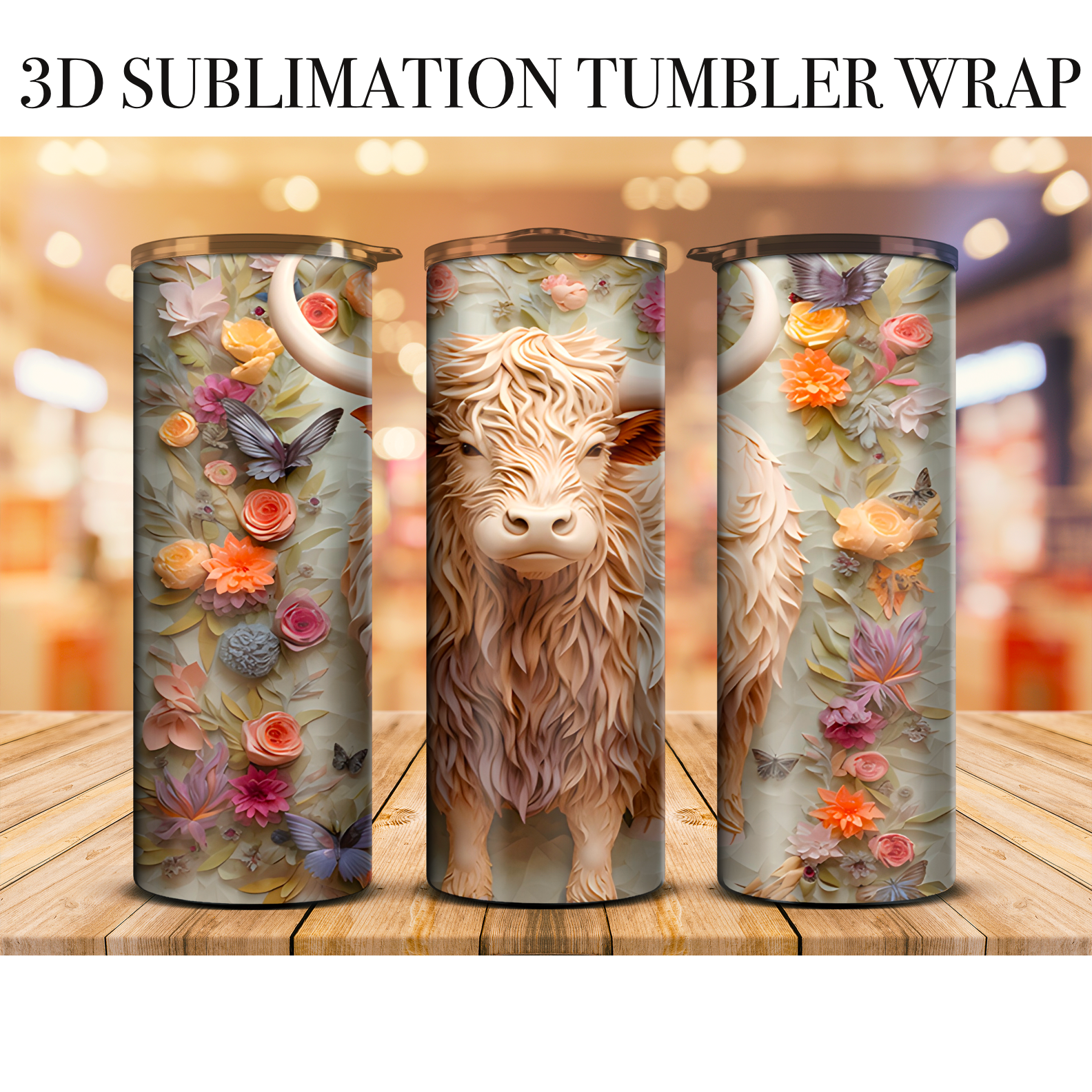 3D Tumbler Wrap Highland Cow 20 Oz Skinny Tumbler Sublimation Transfer
