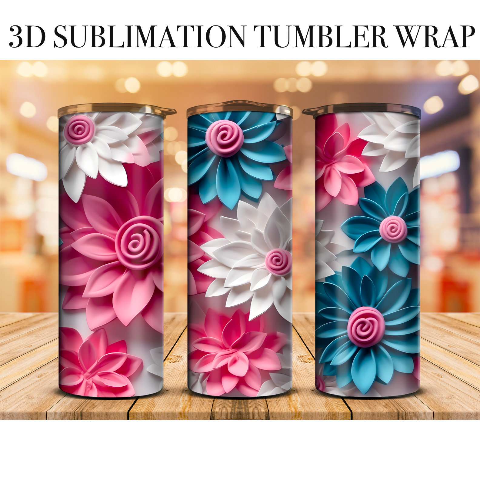 3D Blue / Pink  Daisy 20 Oz Skinny Tumbler Wrap Sublimation Transfer