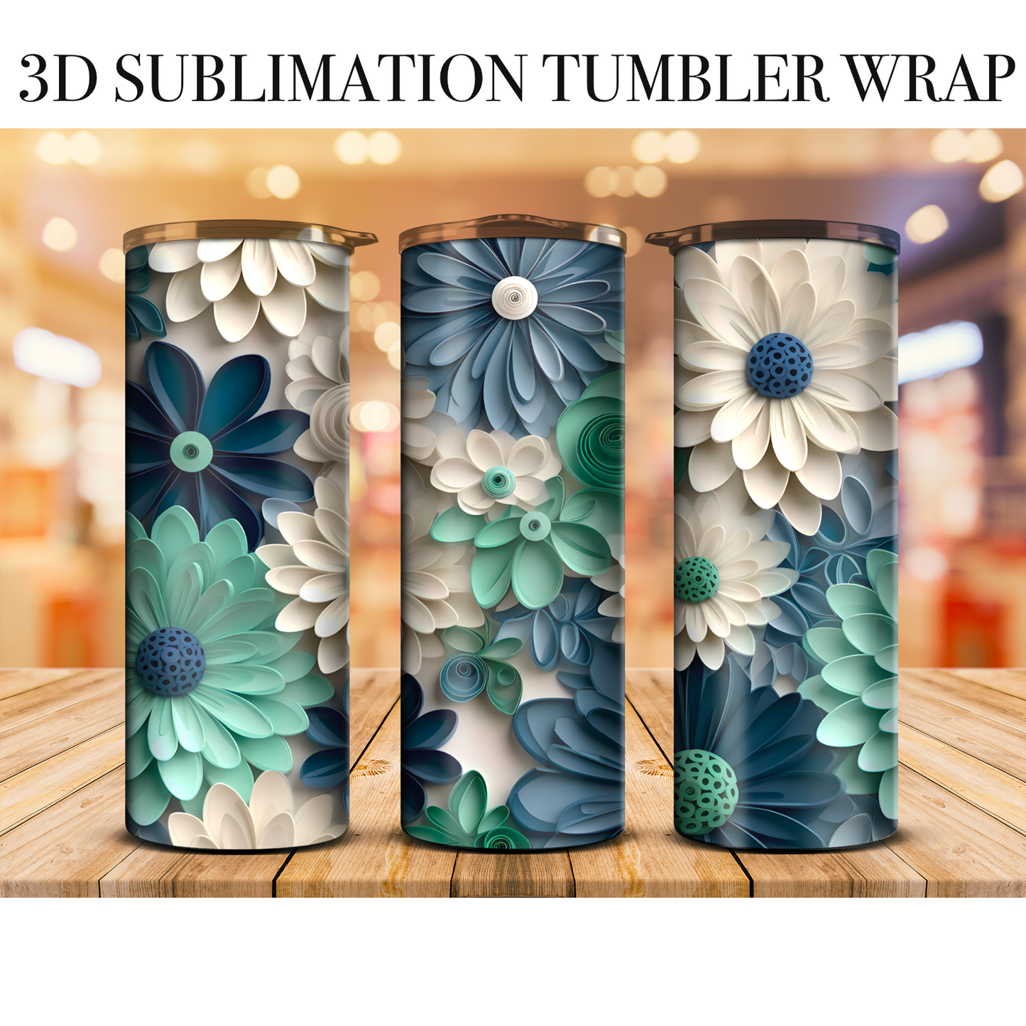 3D Tumbler Blue Floral 20 Oz Skinny Tumbler Sublimation Transfer