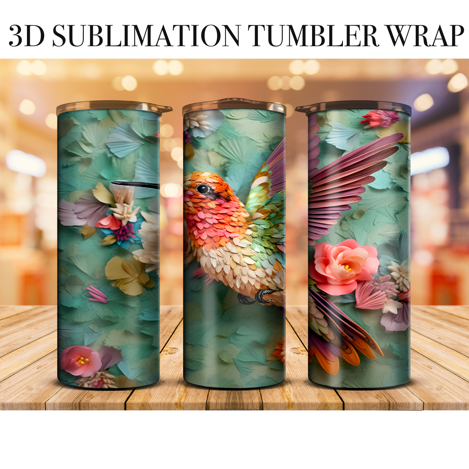 3D Tumbler Wrap Hummingbird Floral 20 Oz Skinny Tumbler Sublimation Transfer